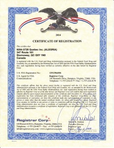 Certificat d'enregistrement Alegria